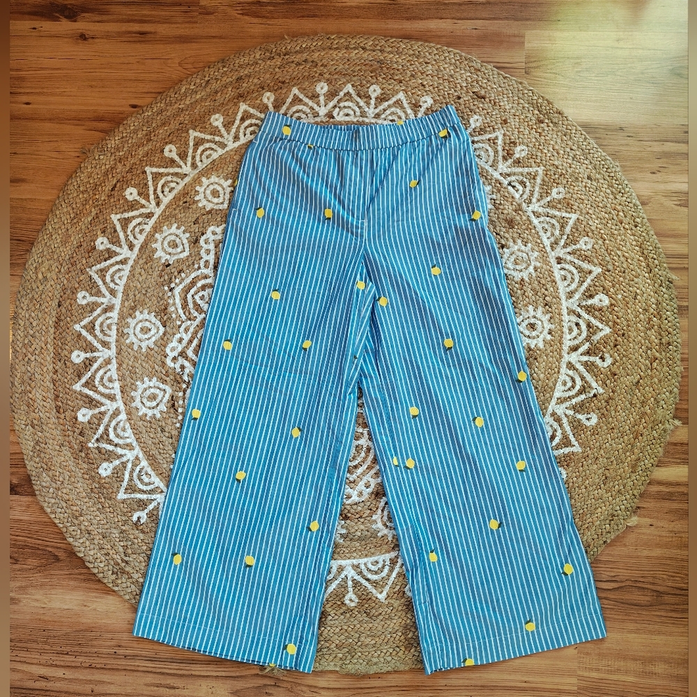 BNWT Nicole Miller New York Cotton Striped Blue Lemons and Yellow Pants